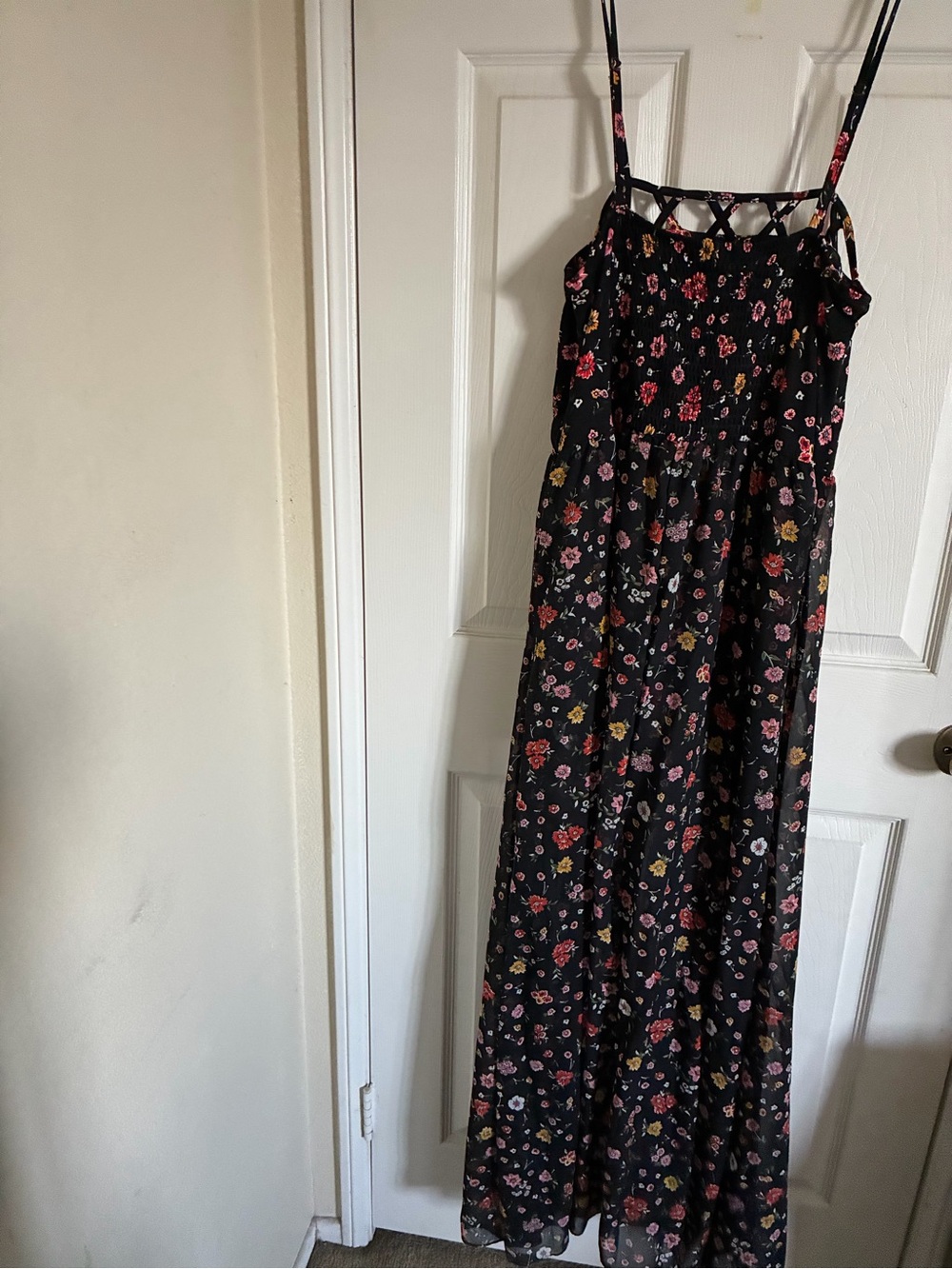 No Boundaries Black Floral Maxi Jumpsuit with Lattice Neckline